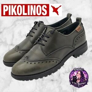 Pikolinos Wingtip Oxford Shoes Women 37 6.5US Green Leather Brogue Lug Sole Lace